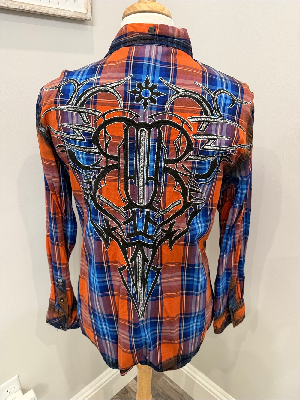 Roar Orange and Blue Plaid Button-Down Shirt with Embroidered Back